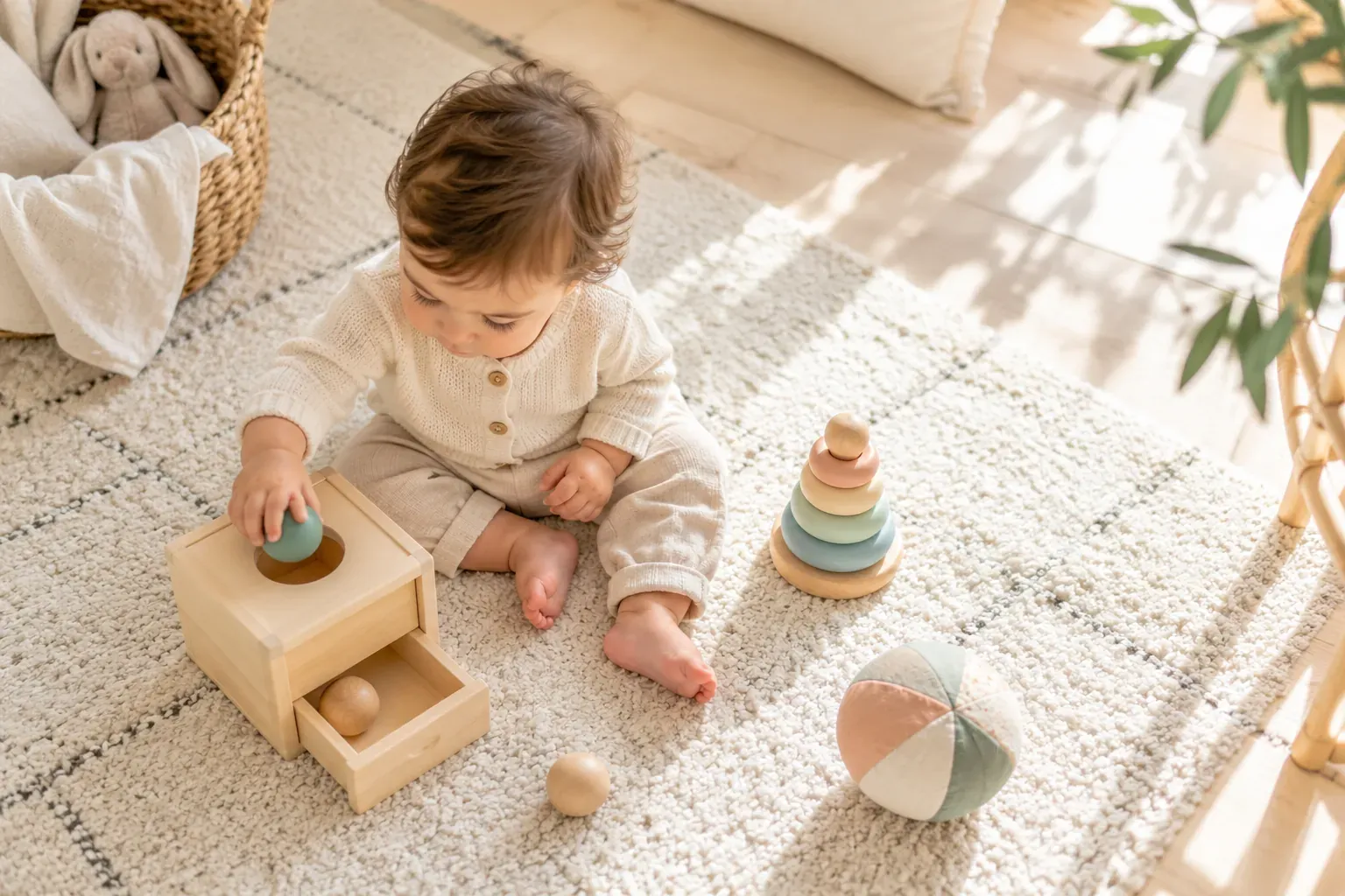 Bébé assis sur un tapis qui joue avec des jouets d'éveil Montessori en bois
